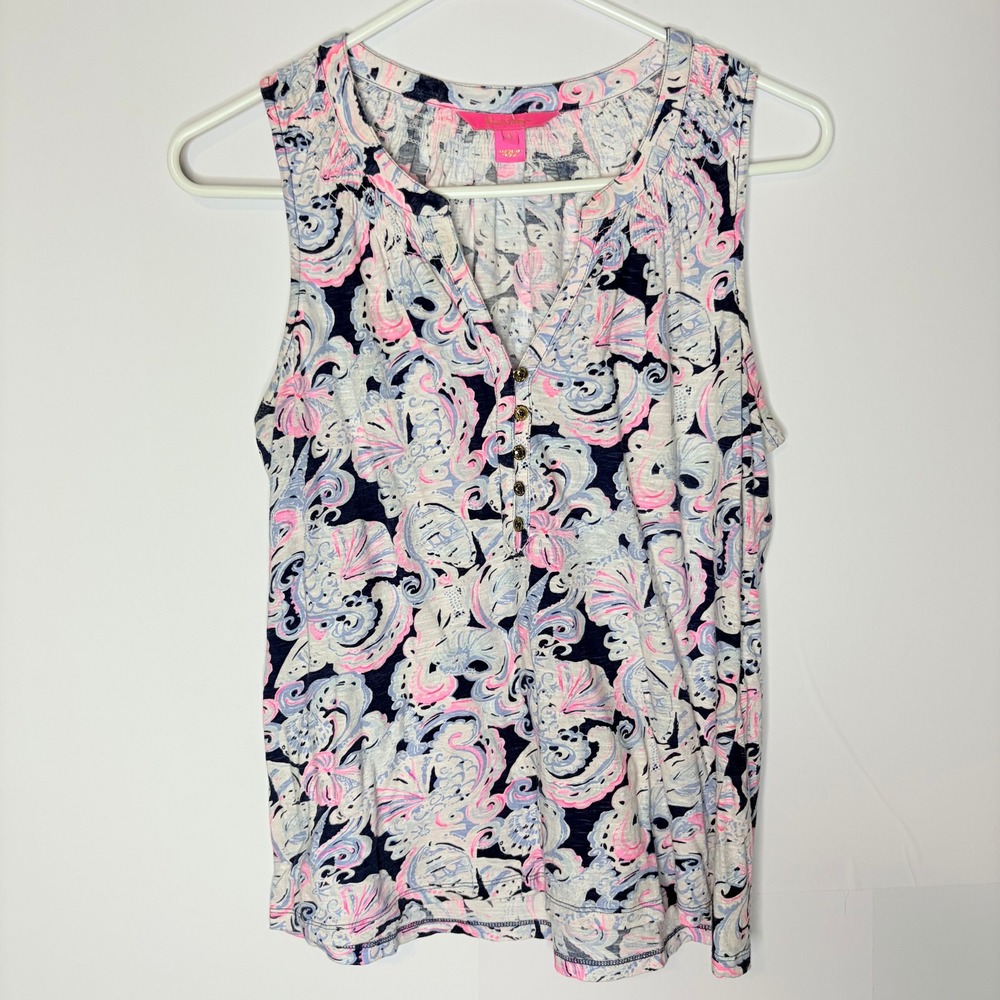 Lilly Pulitzer Tank Top Small Preppy Pink Blue Paisley Henley Cotton Sleeveless